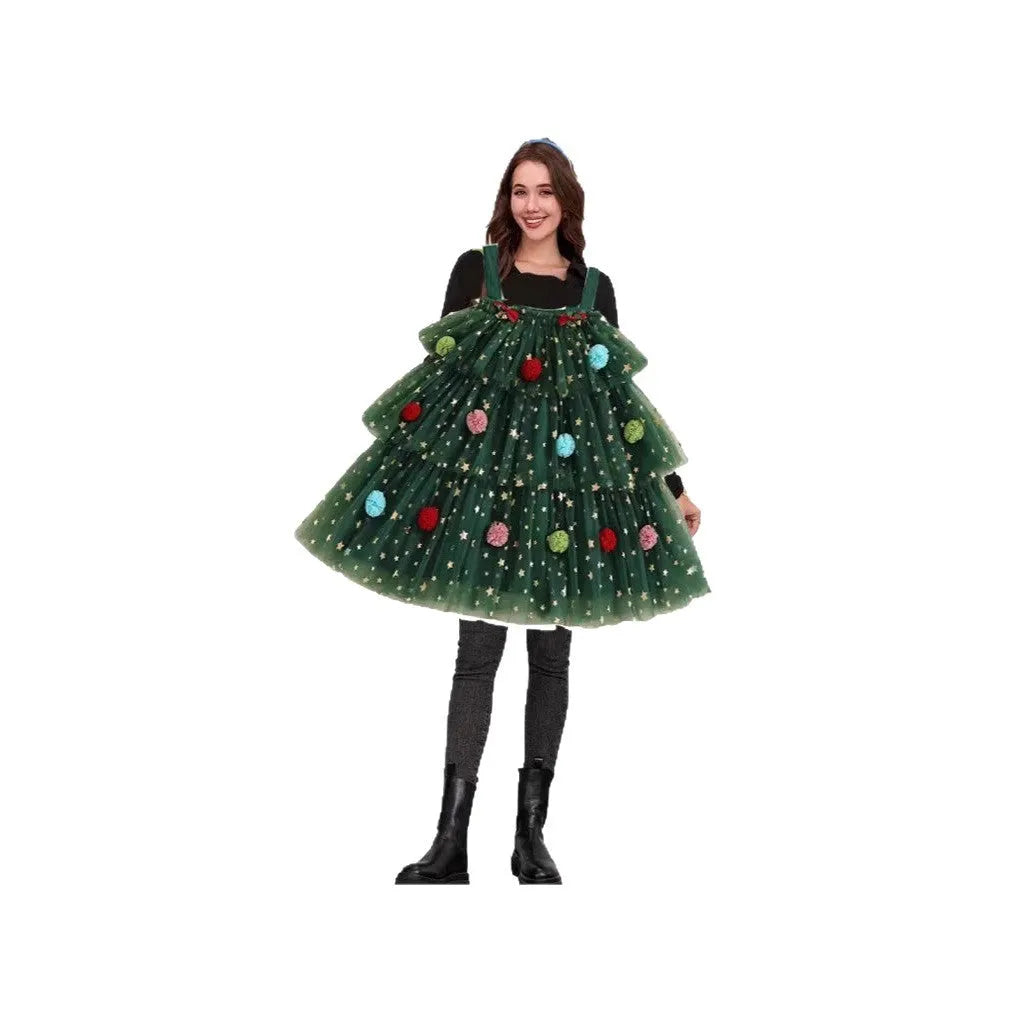 Green mesh polka dot Christmas tree pattern tiered dress with colourful balls and sleeveless design