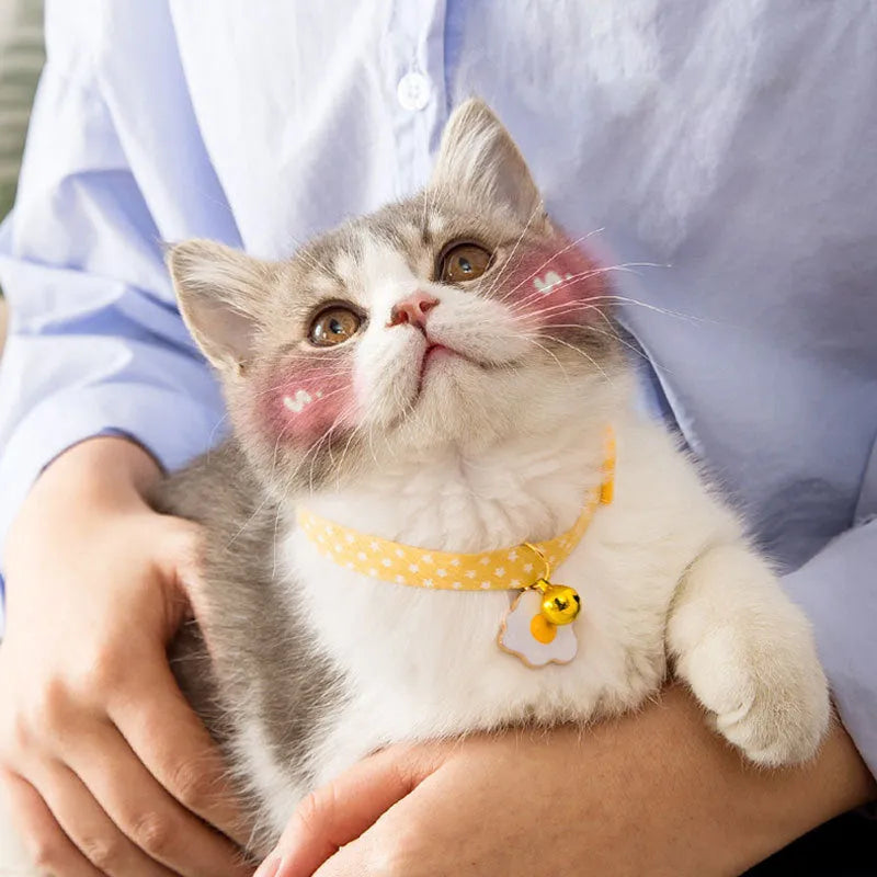 Adjustable green cat collar with a metal bell and a matching bow tie for small pets.