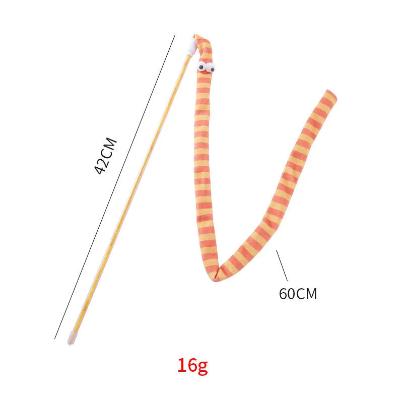 Cat wand toy with polycarbonate handle and long plush strip in vivid colours
