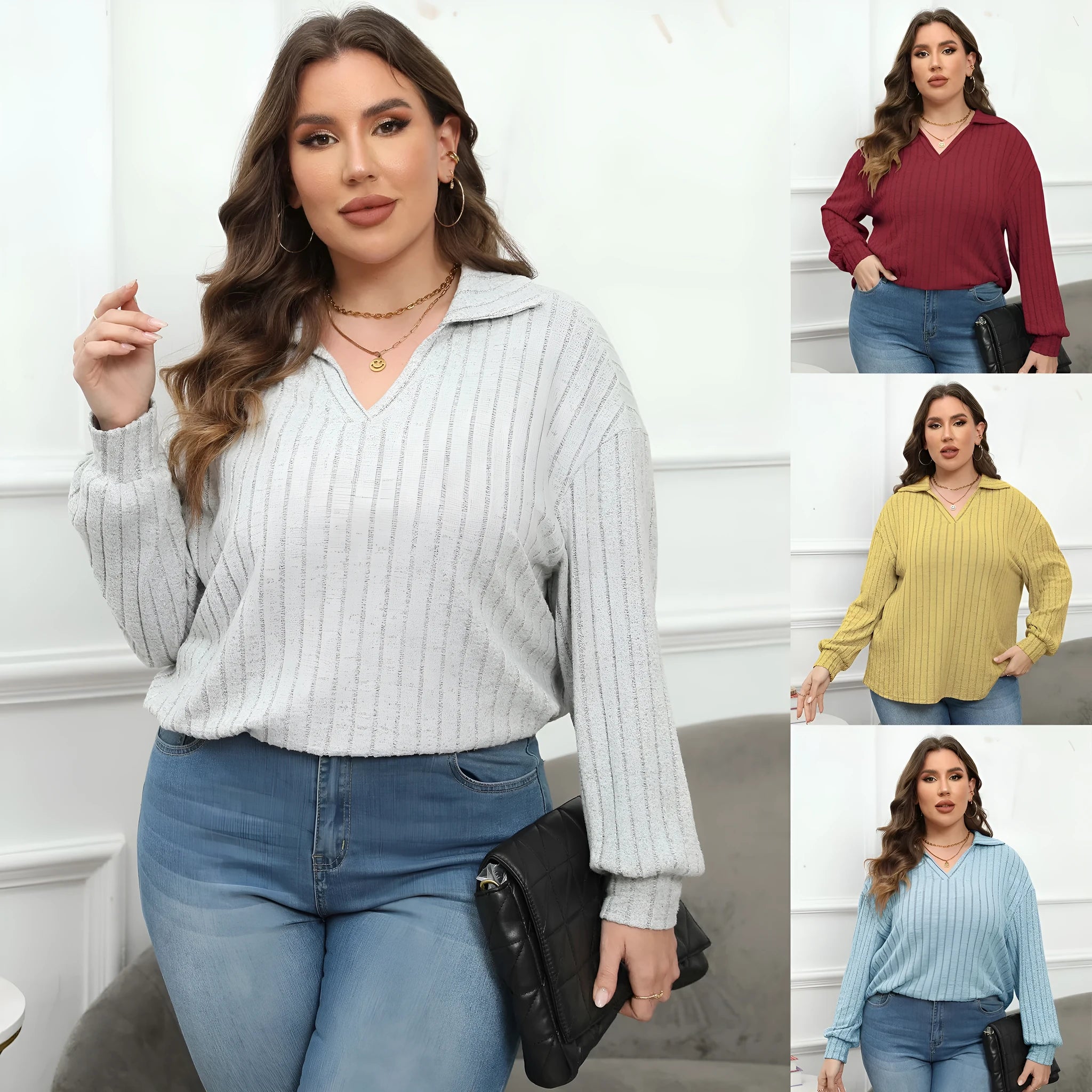 Women's plus size gray polo collar fleece blouse with lantern sleeves