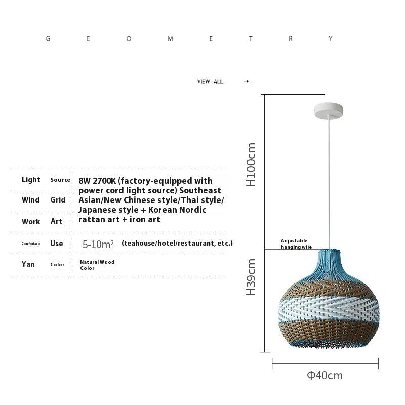 Woven vine Southeast Asian style pendant lamp with natural materials and warm white illumination