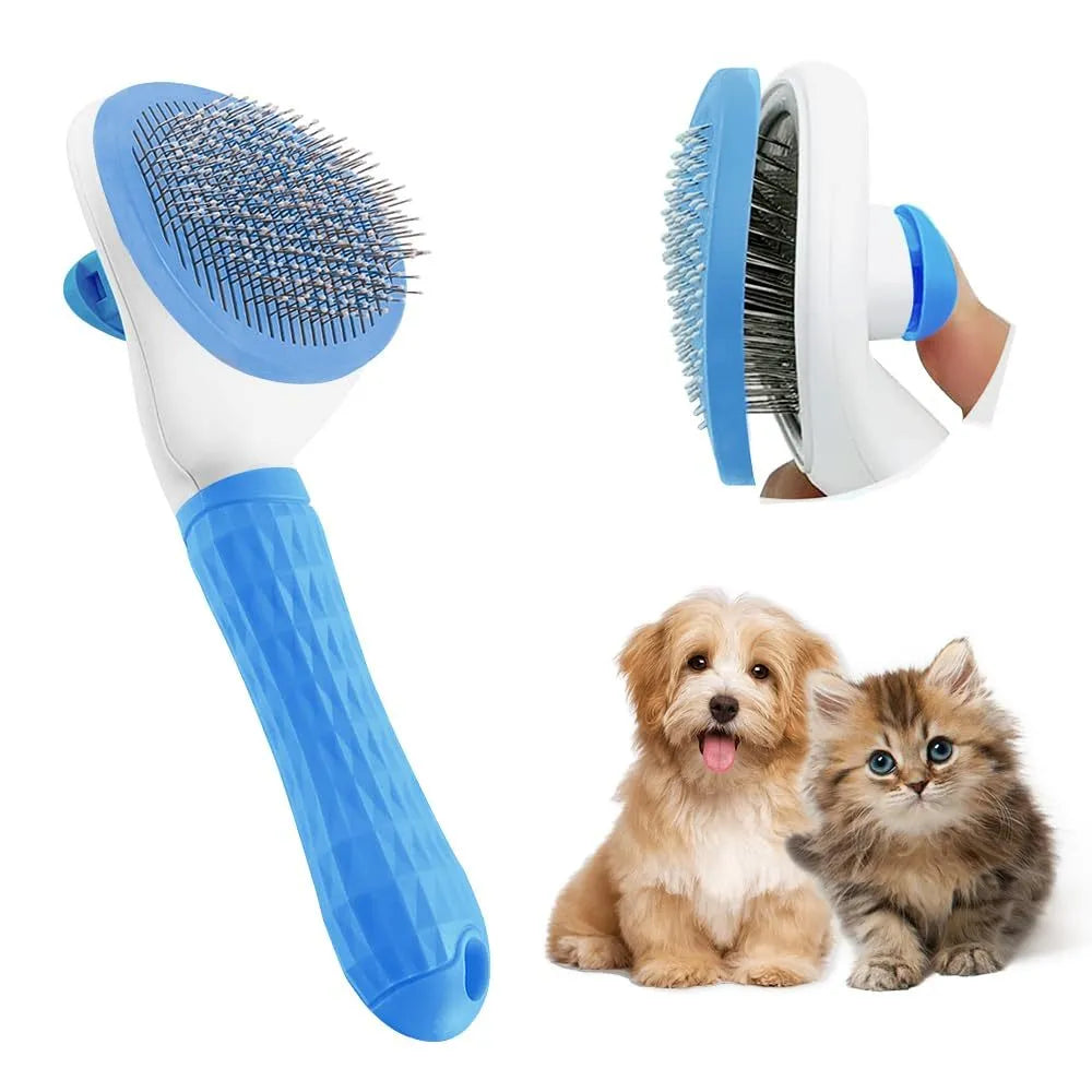 Cat grooming brush with release button in blue, grey or pink for removing loose fur and tangles