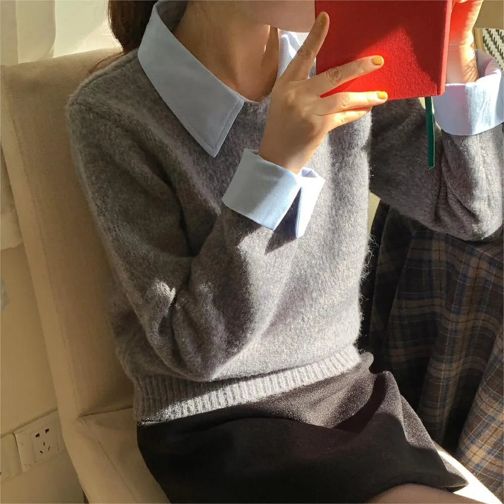 Idle Style contrast color lapels knitwear top for women, free size long sleeve polyester top in navy blue