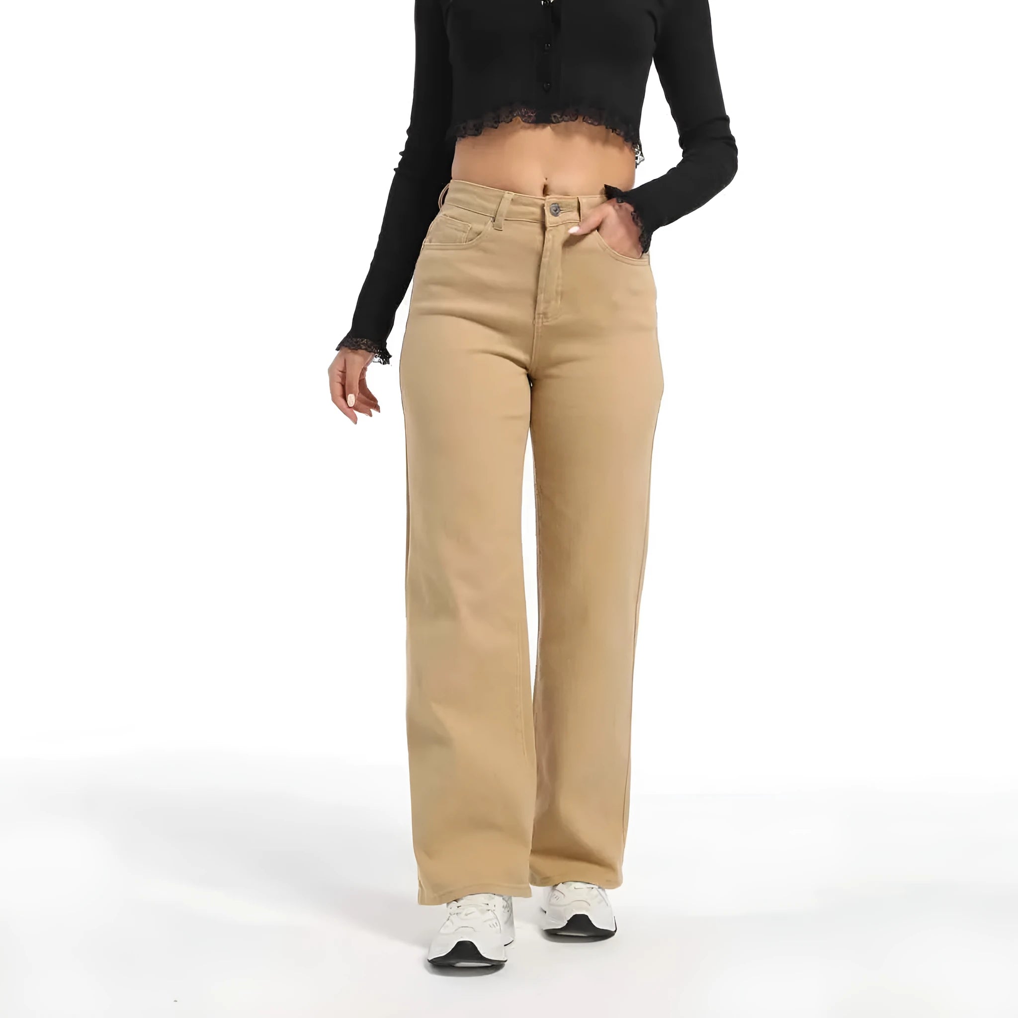 Women's straight leg jeans with wide leg silhouette in apricot colour showing high waist design