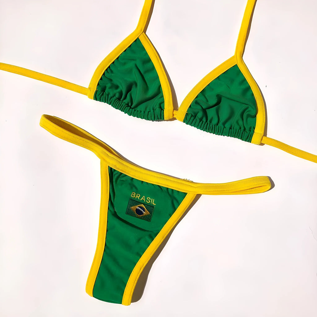 Yellow women's T-back bikini set with shorts bottoms on a mannequin.