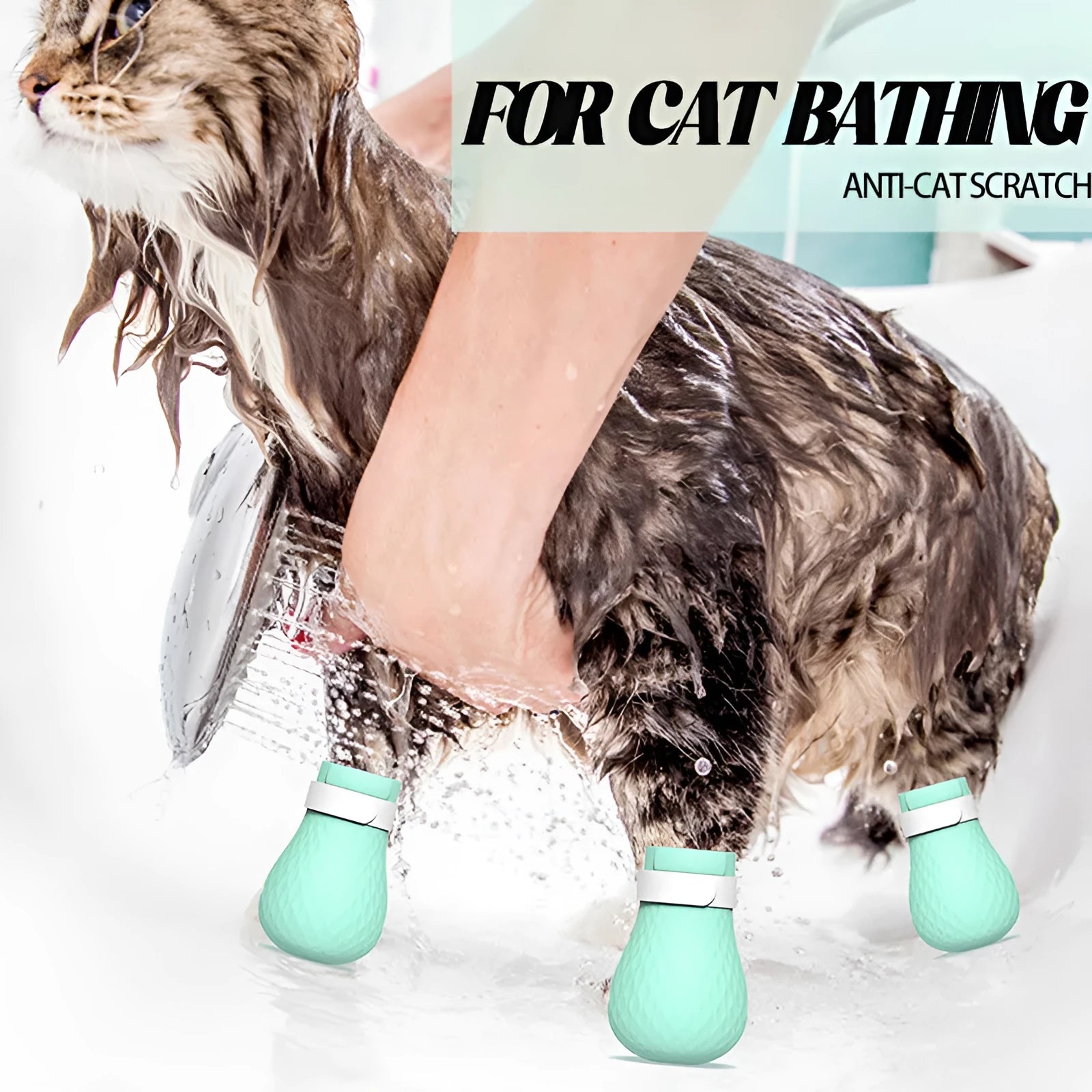 Four green silicone cat anti-scratch foot cover gloves for hand protection during washing and feeding