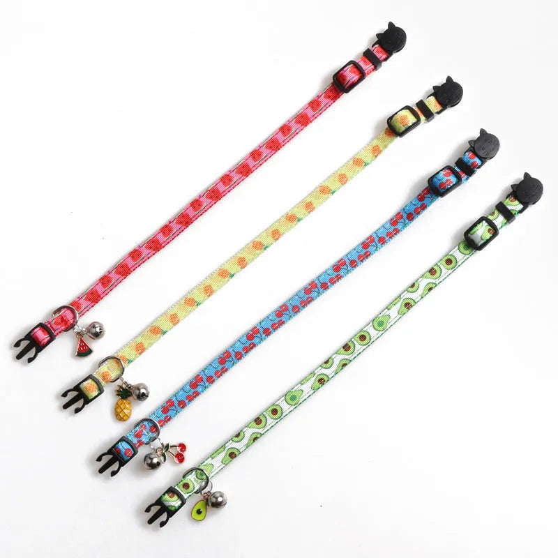 Fruit fabric cat collar with bell in pineapple colour, 28CM size, on white background