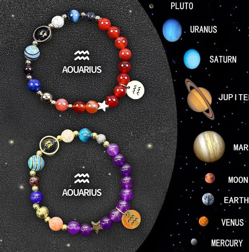 Natural stone zodiac sign bracelet set showing two adjustable bracelets with twelve zodiac designs