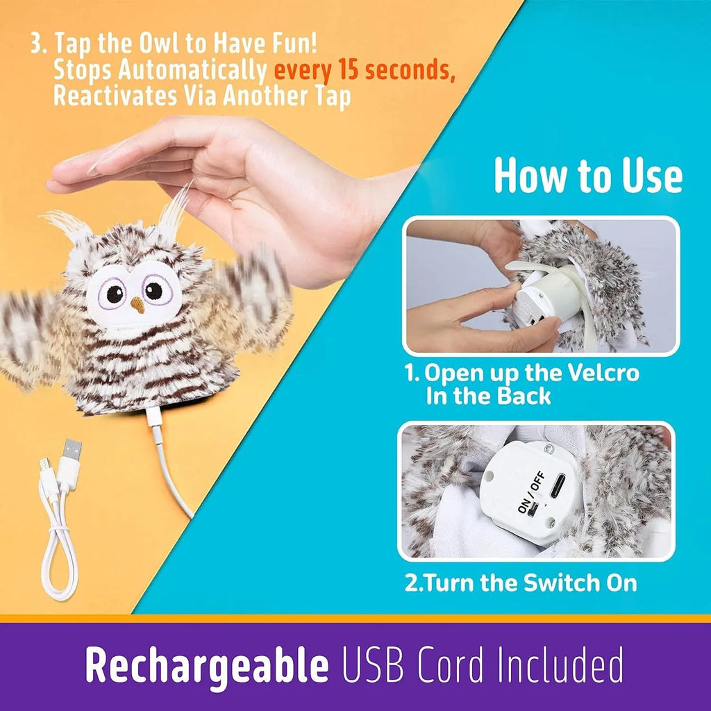 Grey interactive owl cat toy with flapping wings for indoor feline play