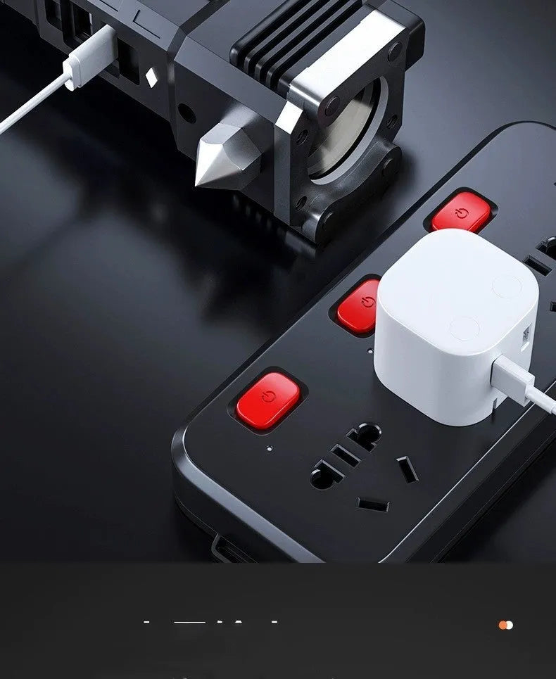 Silver plastic LED torch with integrated power bank, shown with USB port for charging devices.