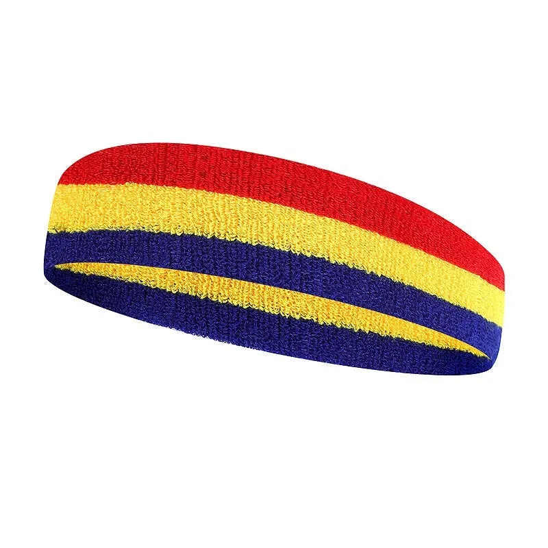 Colourful sports headband for adults in red, yellow, and blue colour combination.