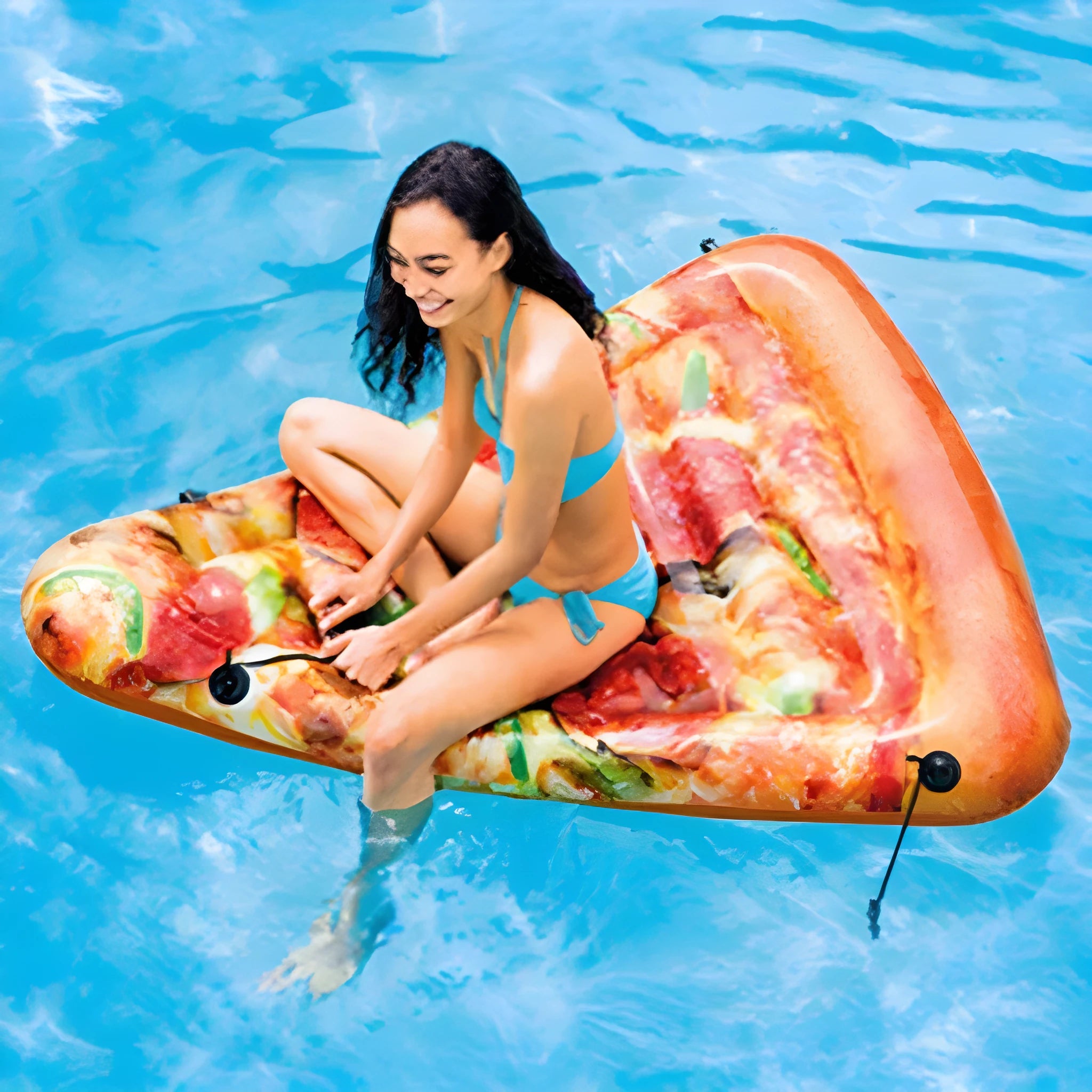Inflatable pizza-themed surfboard lounger floating on water.