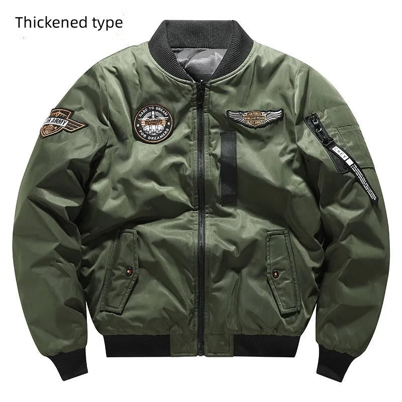Men's flight suit pilot baseball jacket in army green with zipper pockets, front view