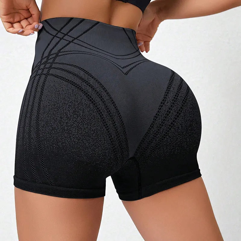 Women's high waisted gradient fitness shorts in black or brown, for yoga and running.