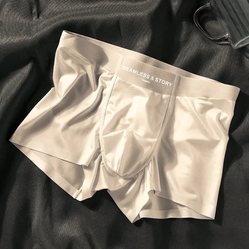 Men's ice silk satin underwear in mid waist traceless design, shown in coffee colour.