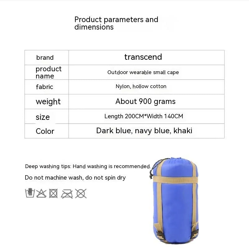 Outdoor cloak sleeping bag wearable camping blanket in Army Green or Grey colours