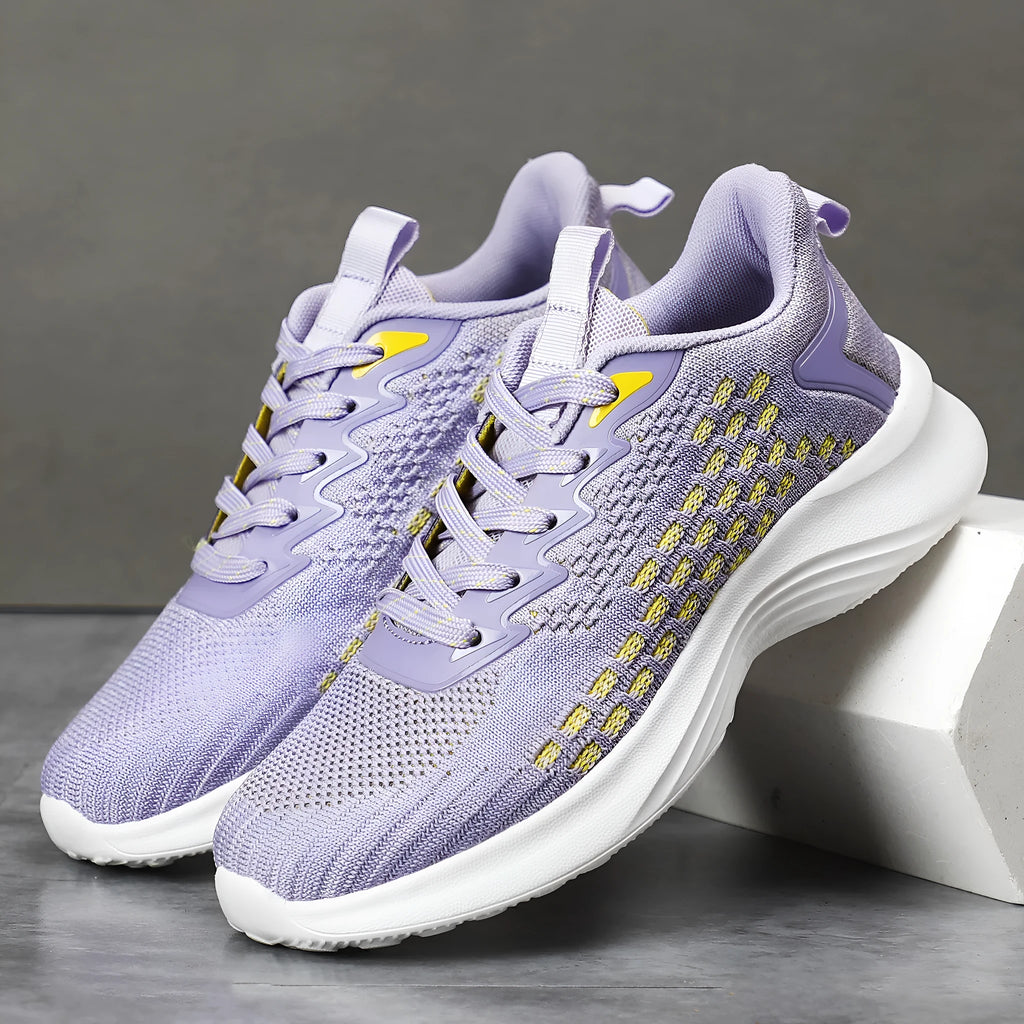 Women's lavender purple mesh running shoes with striped pattern and EVA sole for jogging