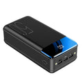 Large 50000mAh capacity power bank with three output ports in black or white plastic casing