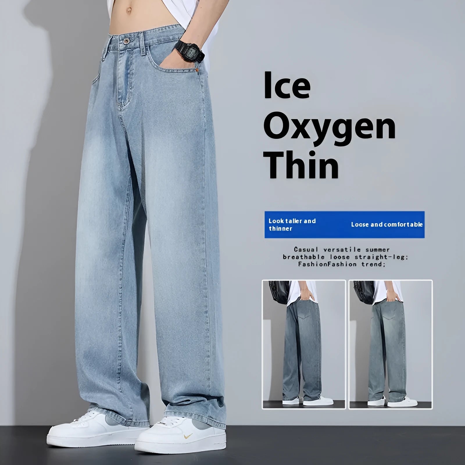 Straight leg casual trousers in denim ice silk fabric with wide leg cut