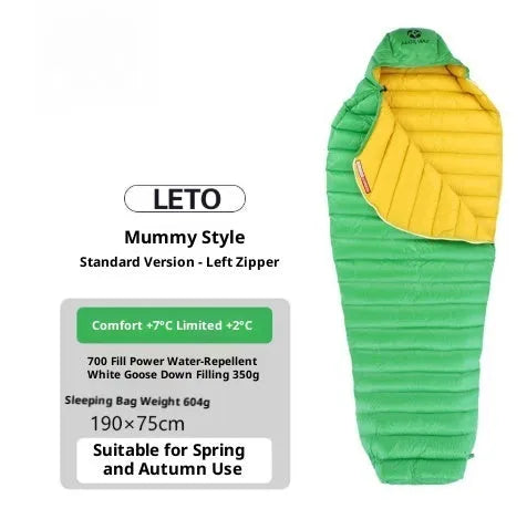 Ultralight goose down mummy sleeping bag in blue with nylon shell for outdoor camping adult use