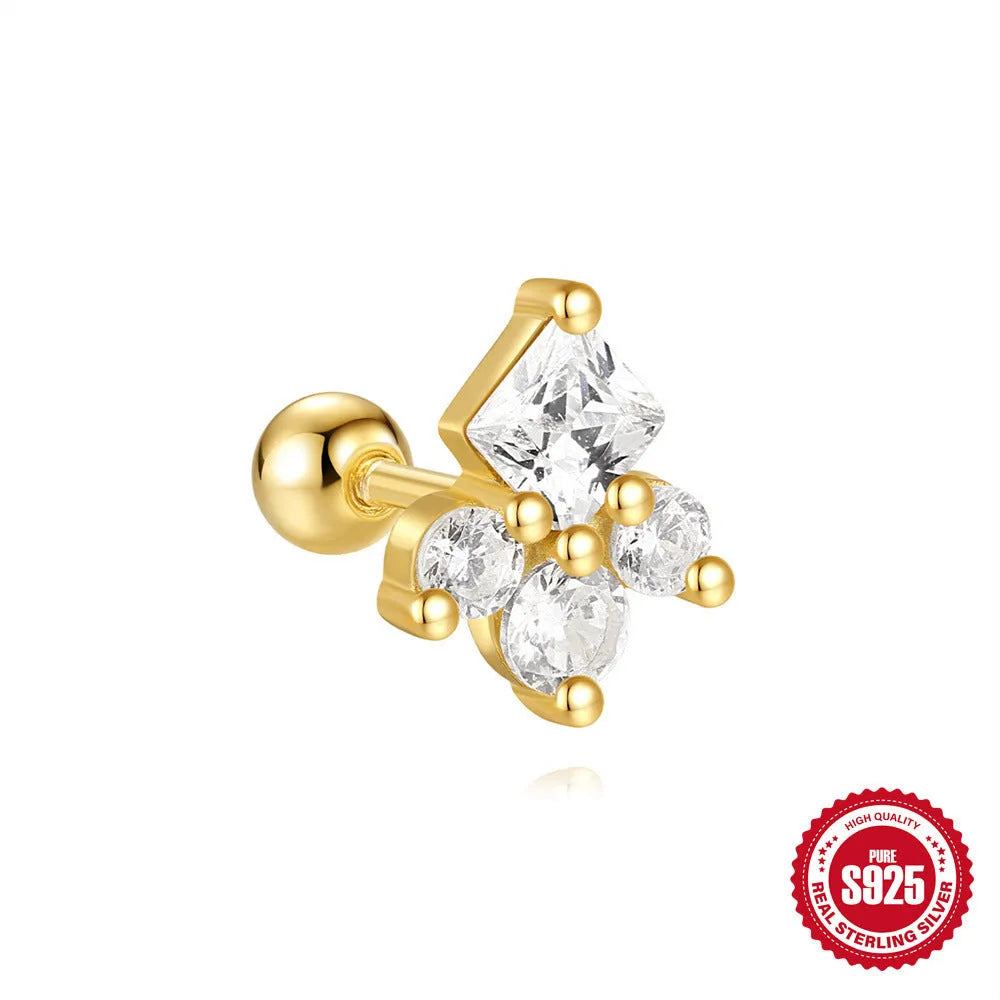 S925 sterling silver red earrings with square gravel studs and golden electroplated finish