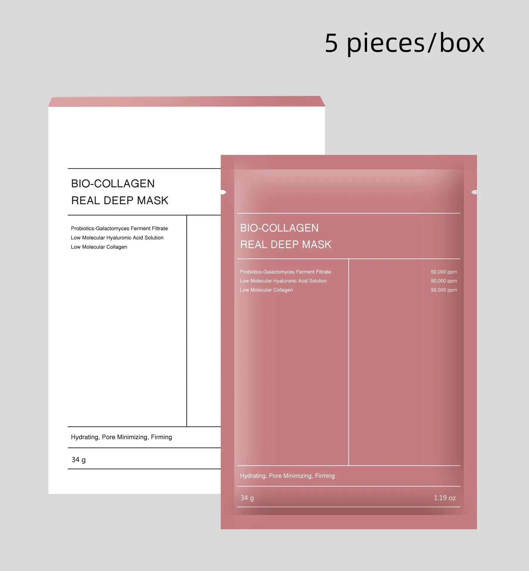 Collagen face mask box of 4 pieces, each 34g, for firming, hydrating and brightening skin