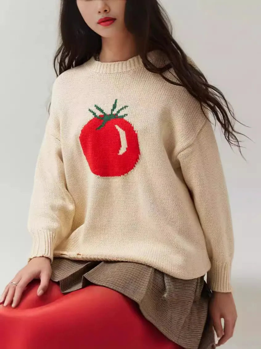 Women's loose-fitting acrylic sweater with jacquard detailing in milky white beige colour