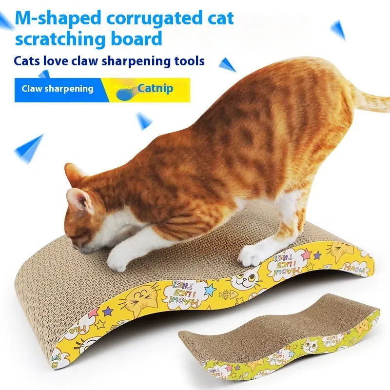 Corrugated paper cat scratch board showing bone, M, trapezoid, S, triangle, wavy and P-type design options