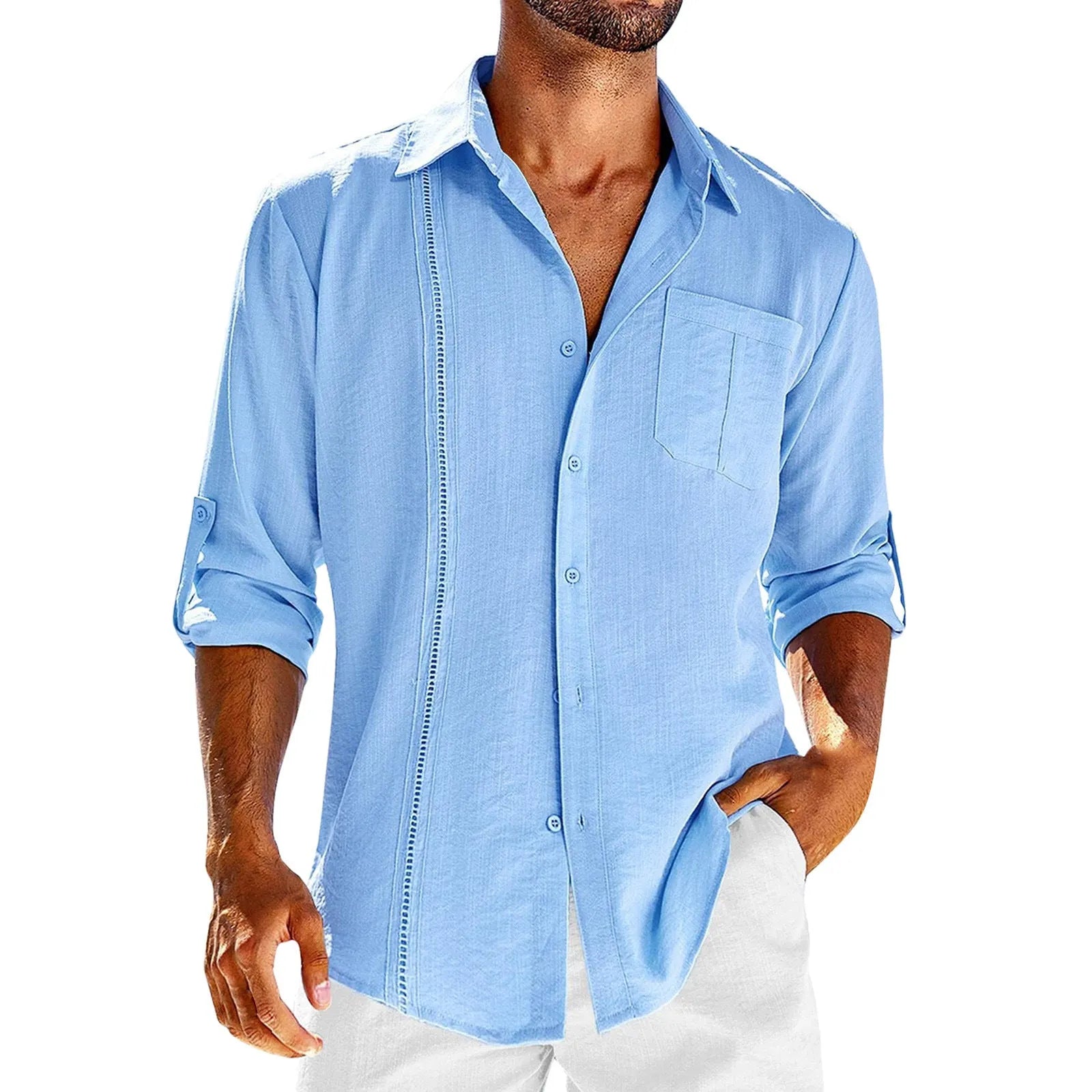 Men's grey long sleeve casual shirt with lace detail on polo collar and a chest pocket.