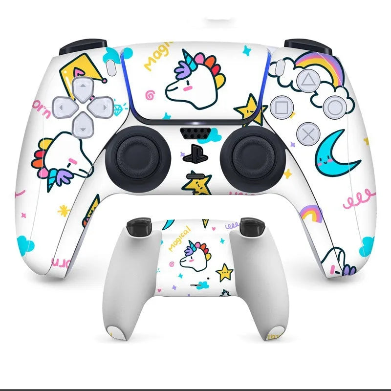 PS5 controller protective sticker kit showing front and back skins in one of eight available styles.
