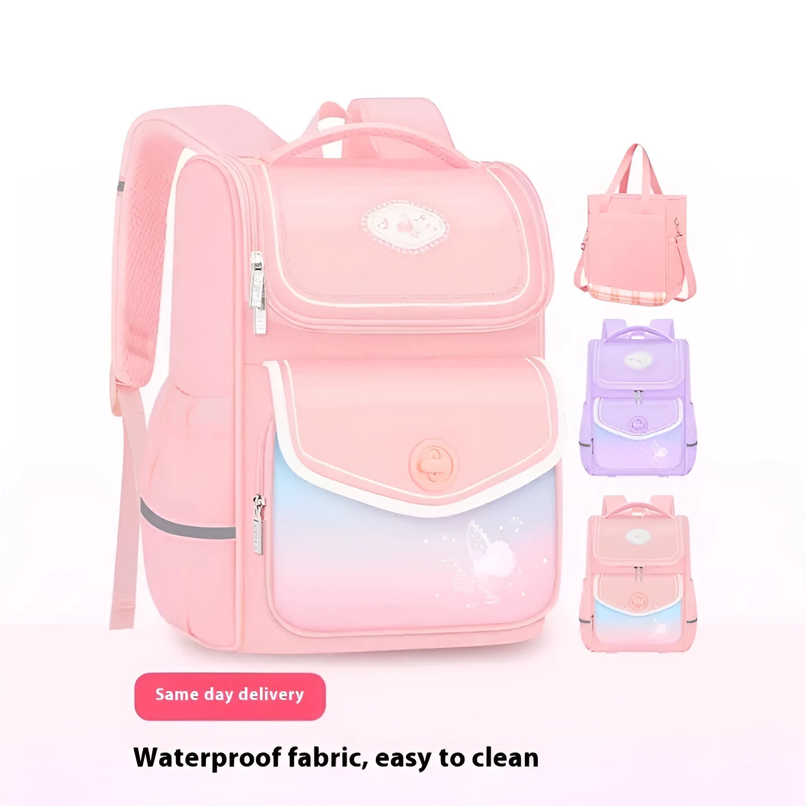 Girls' waterproof school bag in pink colour with large capacity design for primary students