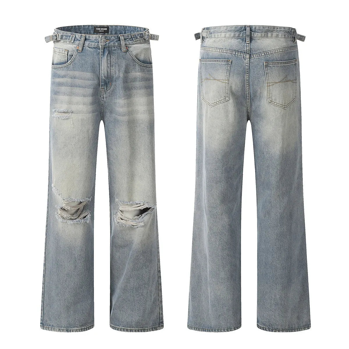 Blue men's straight-leg jeans with ripped distressing on the thigh, showing five-pocket design and zip fly.