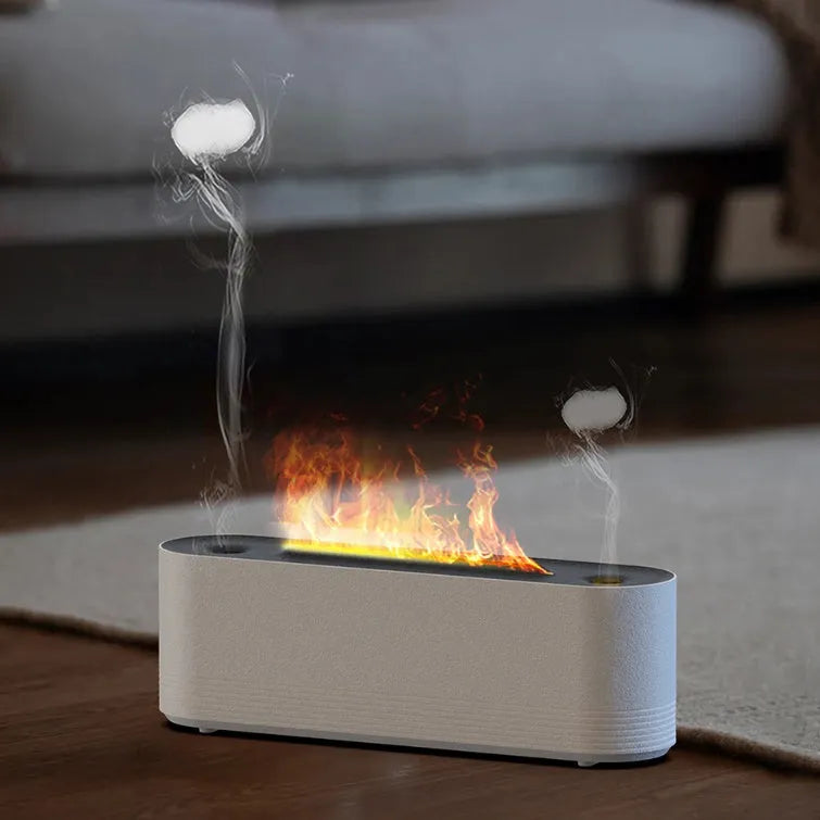 Black ultrasonic humidifier with LED flame lighting and water mist emission