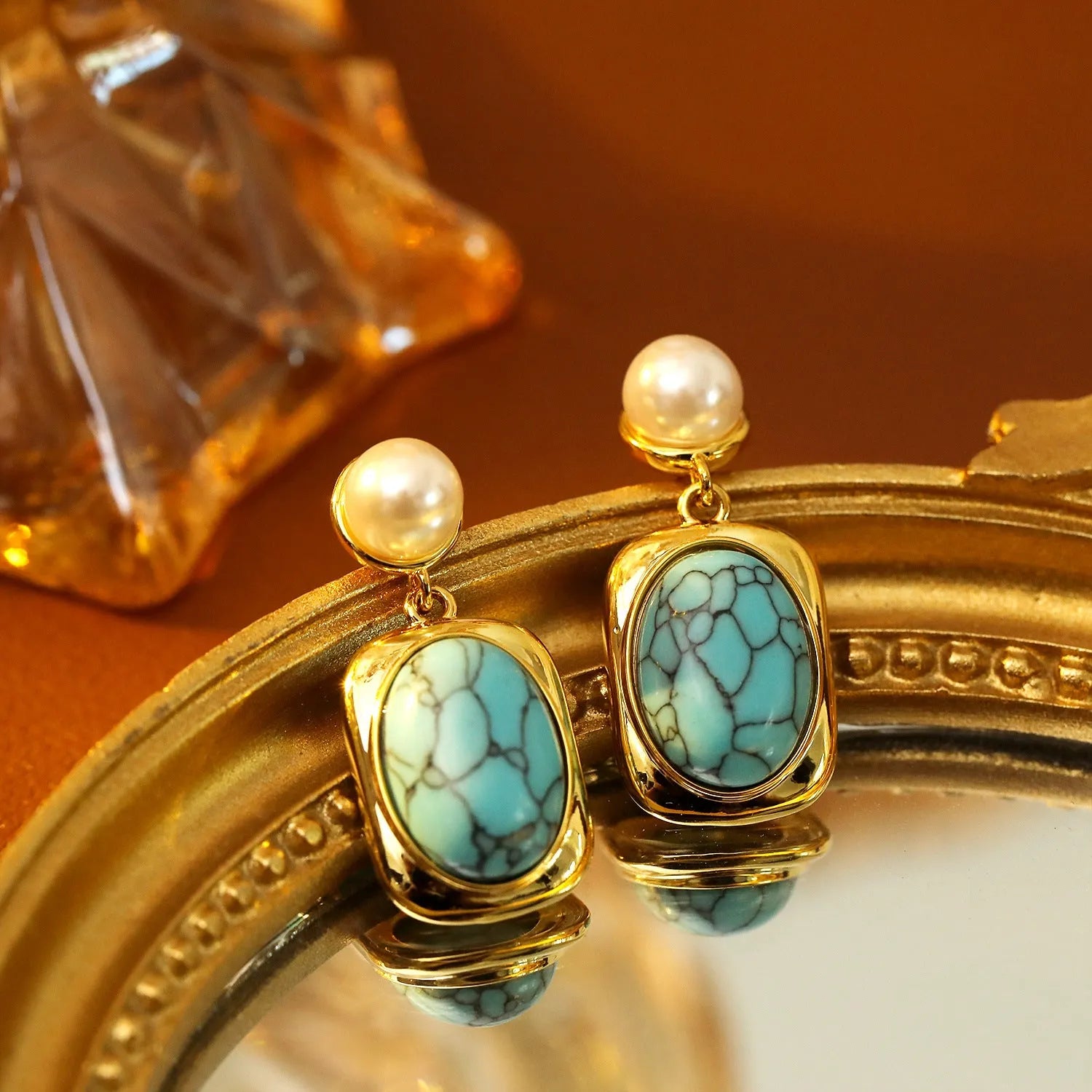 French vintage oval turquoise pearl earrings 18K gold electroplate copper geometric drop with silver needle