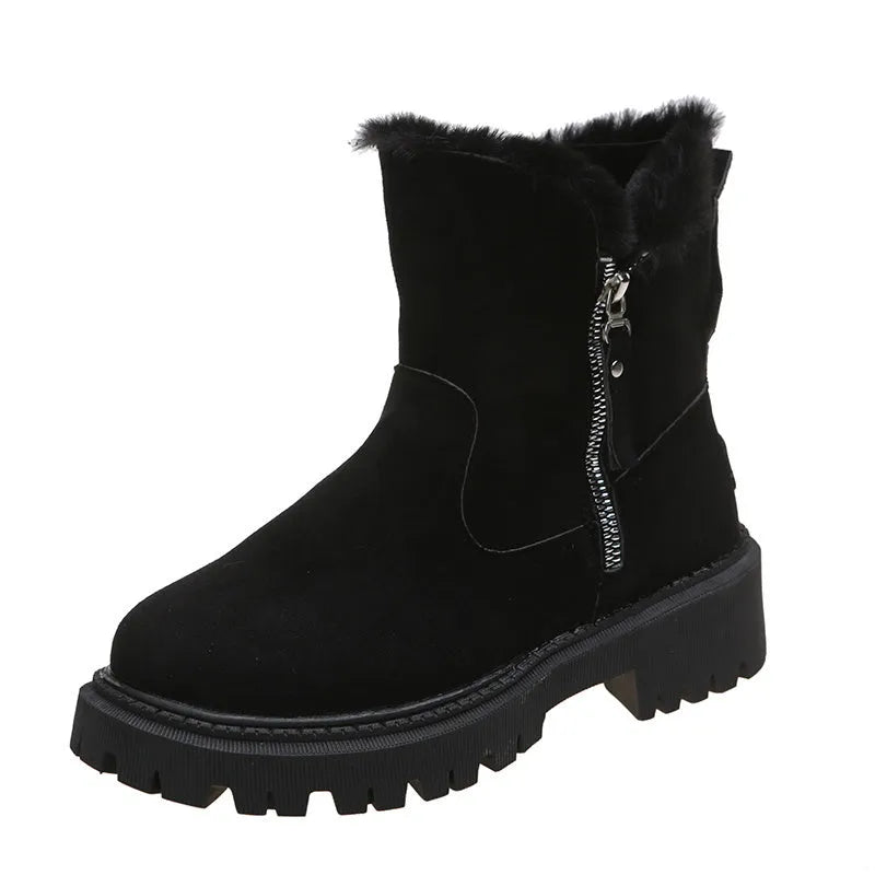 Women's black high-top snow boots with a side zipper and faux suede upper on a rubber sole.