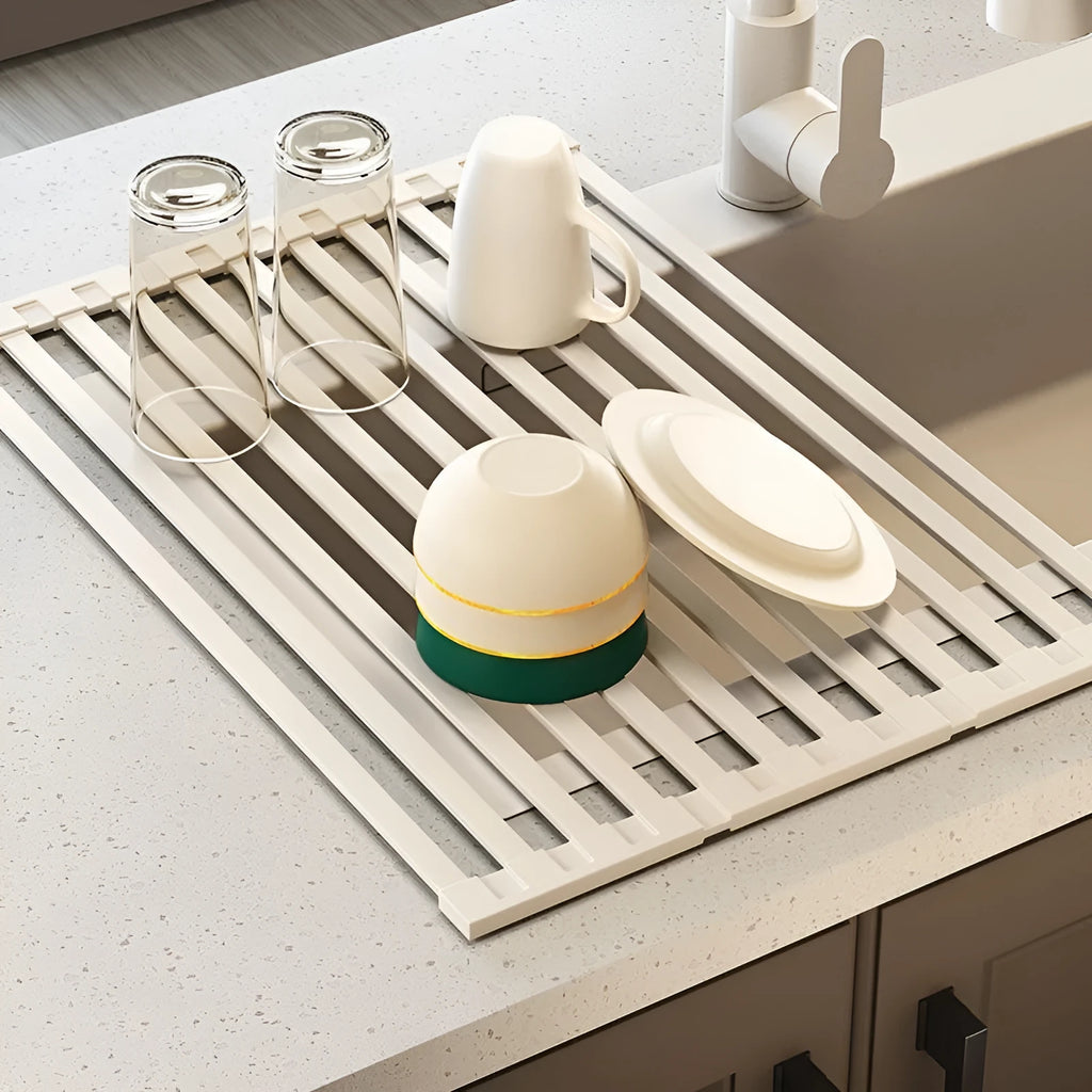 304 stainless steel kitchen draining rack with milky white finish and tri-fold design