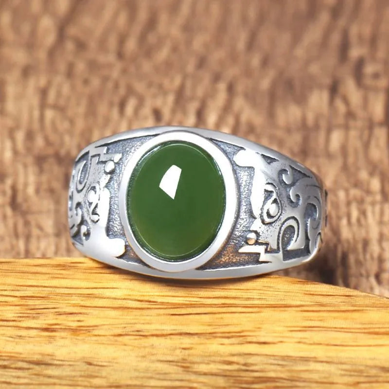 Men's imitation Hetian jade silver-plated retro-style green ring with adjustable opening and geometric shape