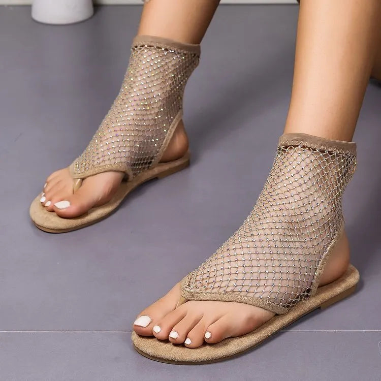 Women's fashion rhinestone mesh thongs sandals with raw rubber sole, round toe, available in Beige and Black sizes 35-44