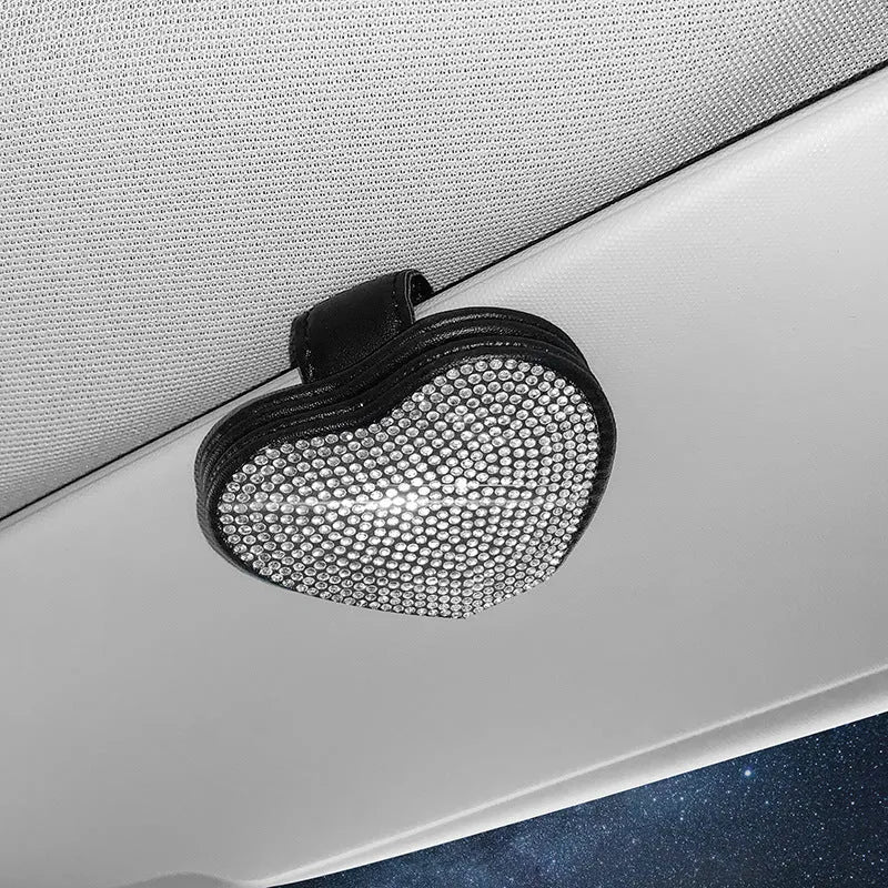 Diamond-encrusted PU leather car sun visor clip with magnetic closure for storing glasses and tickets.