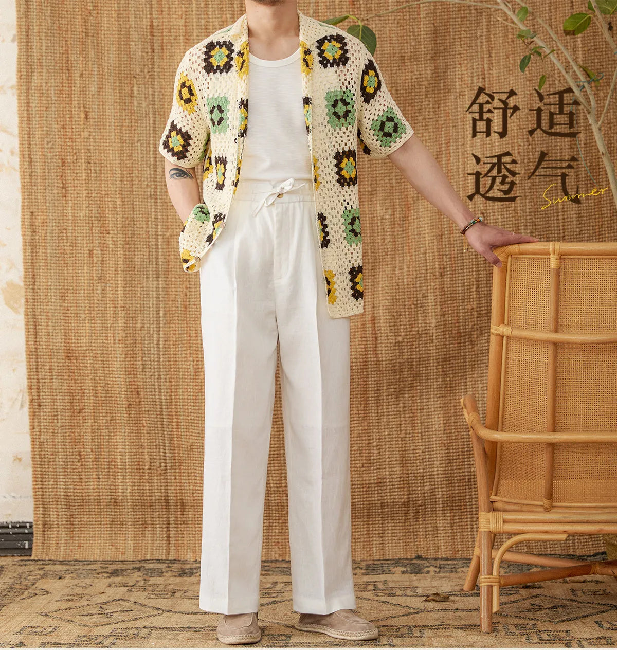 Linen straight-leg trousers with elasticated high waist in navy blue, white or greige colours