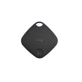 Small black Bluetooth tracker with key ring, shown next to a set of keys to illustrate size.