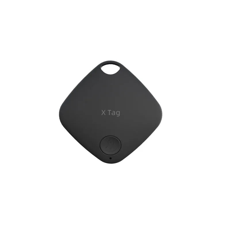 Small black Bluetooth tracker with key ring, shown next to a set of keys to illustrate size.