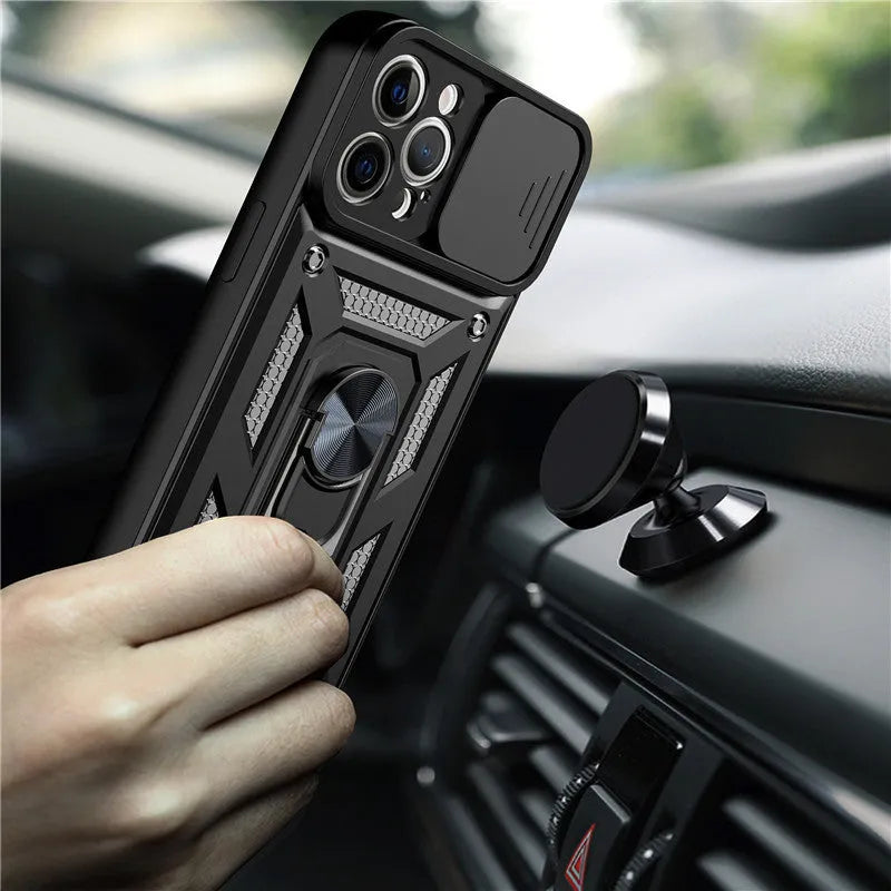 Sergeant sliding window magnetic phone case in blue for iPhone, showing the integrated bracket.