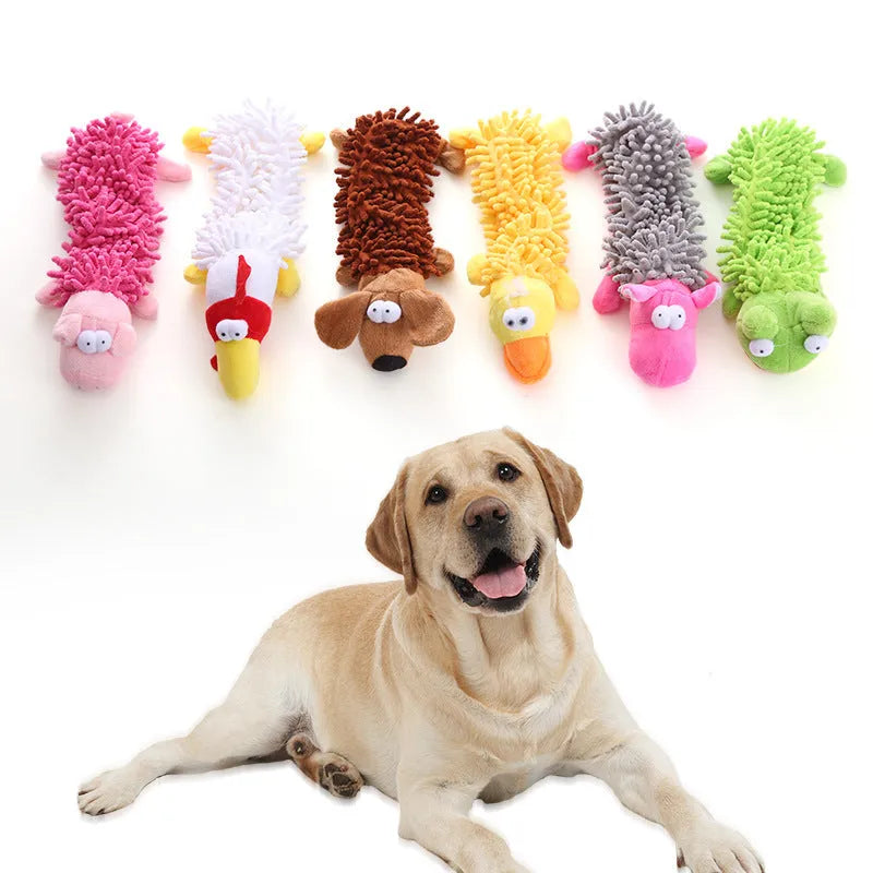 Plush microfiber molar dog toy in six animal designs including brown dog, yellow duck, and pink pig