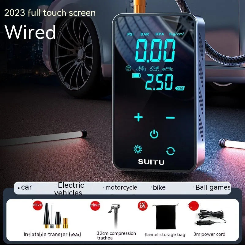 Compact black wireless car tyre inflator pump with LCD screen display on a grey background.