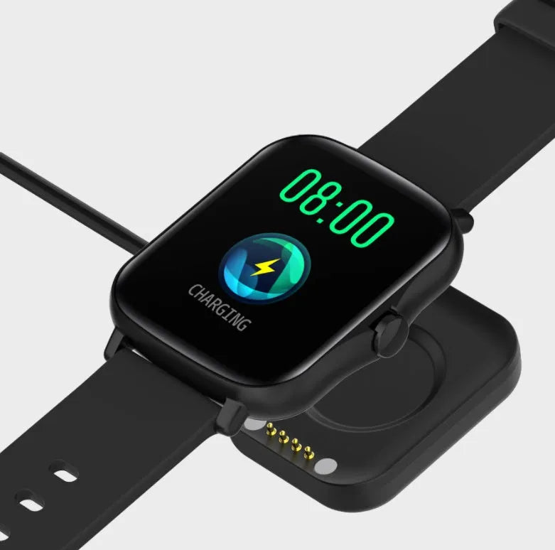 Smart watch with 1.7-inch colour touch screen showing fitness metrics on black strap