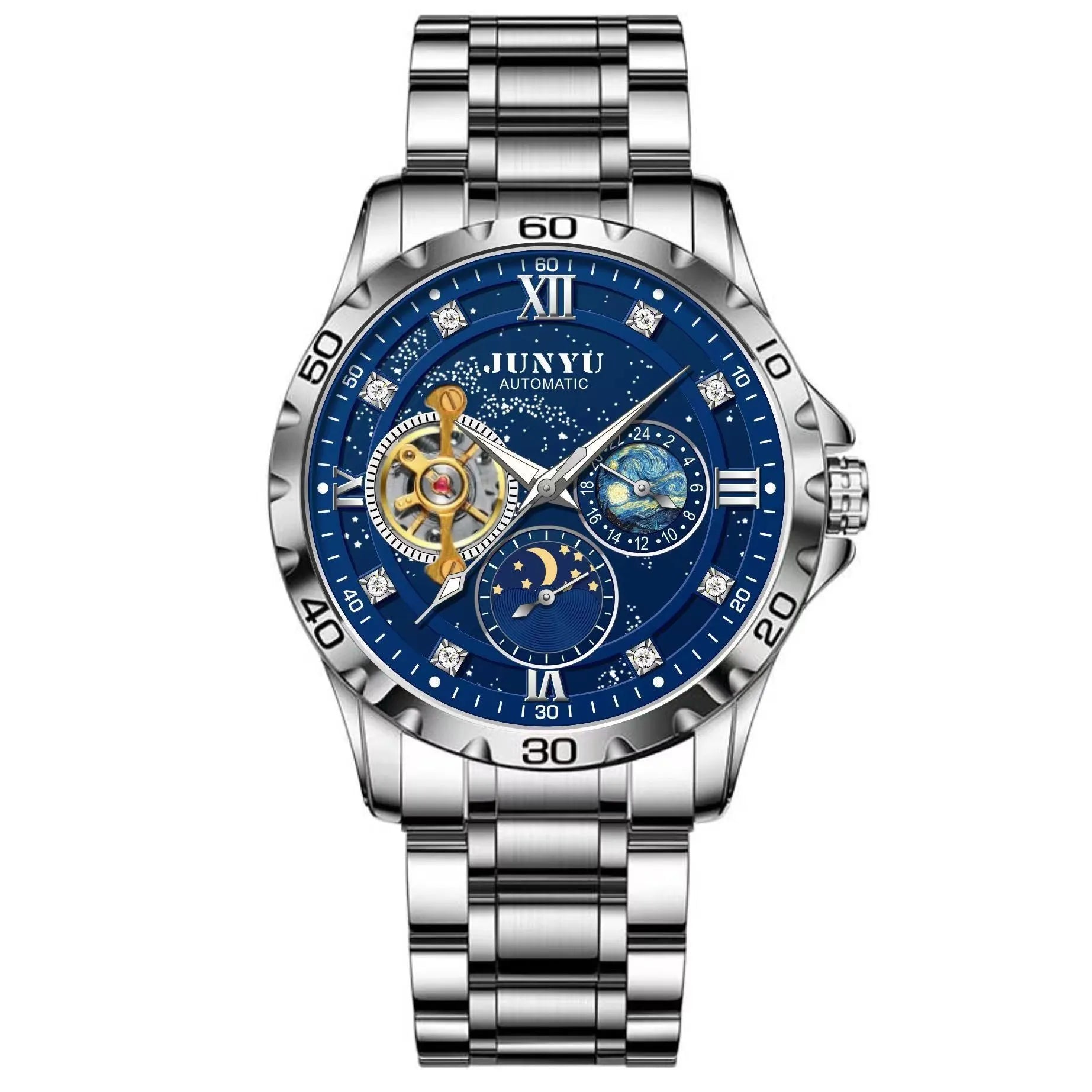 Men's automatic mechanical watch with luminous hands in rose gold, silver, or gold case options