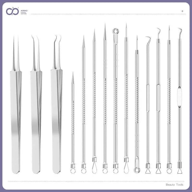 Four ultra-fine pointed metal acne needles for professional skin extraction, laid out on a surface.