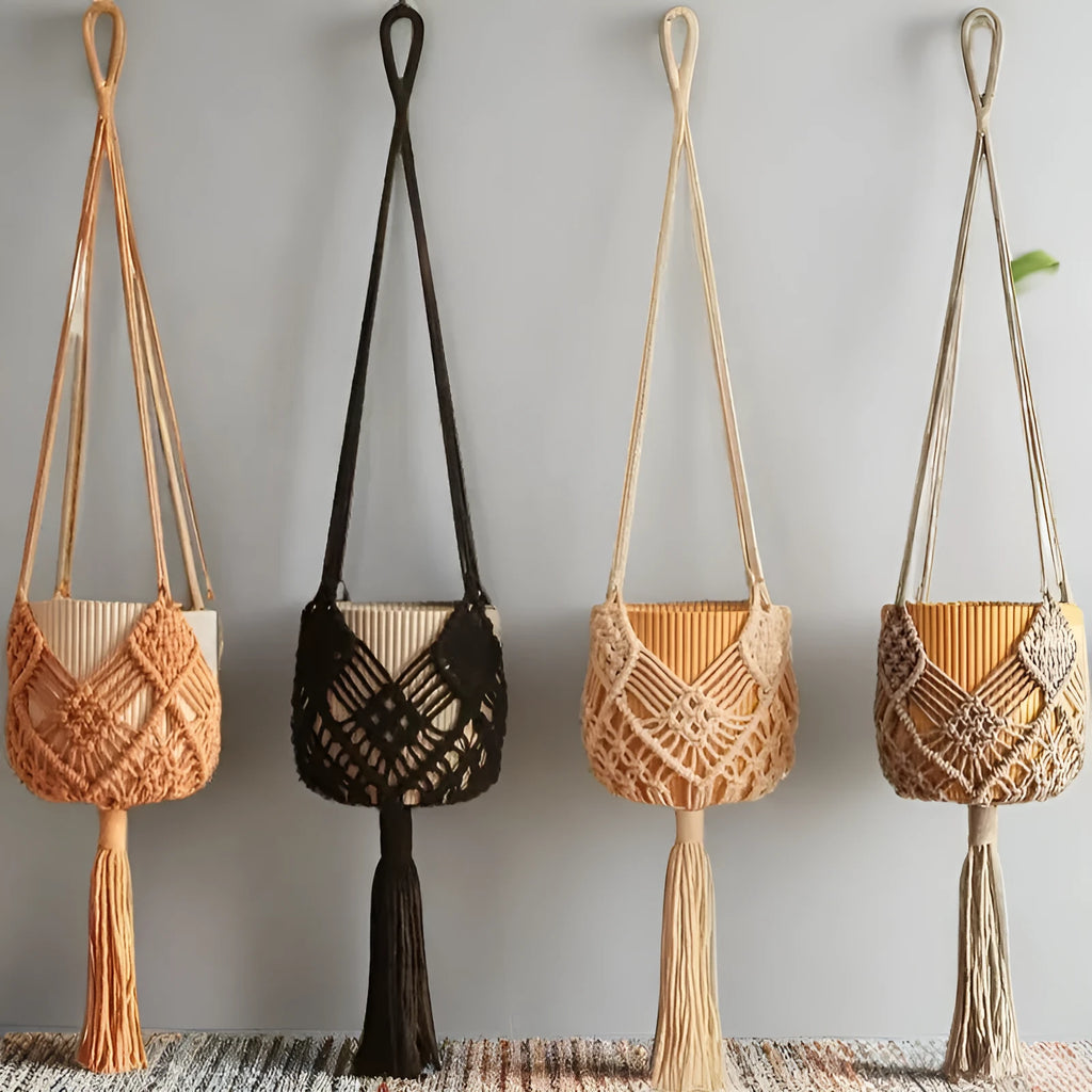 Hand-woven brown polyester cotton flower pot with net pocket extension cord for indoor plants