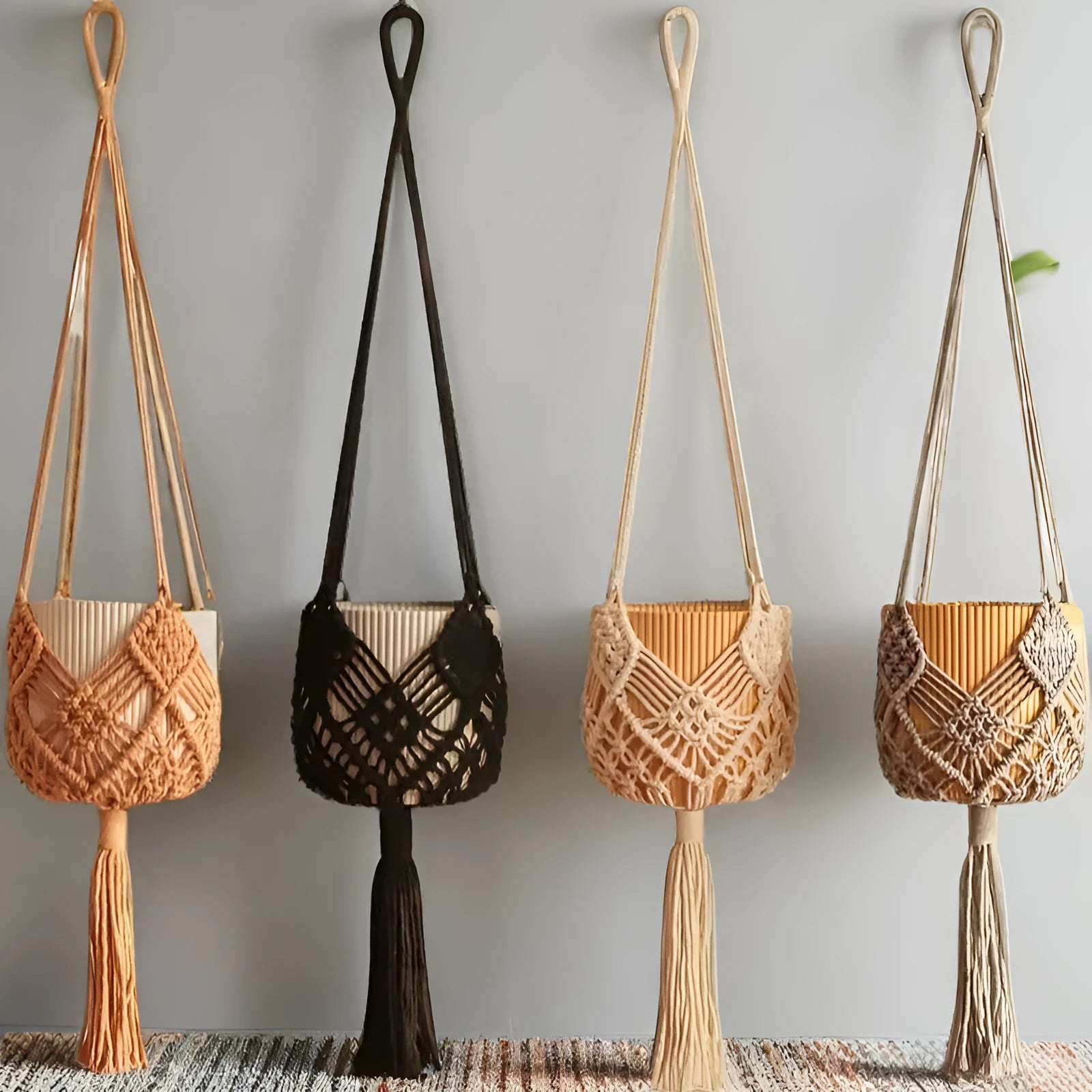 Hand-woven brown polyester cotton flower pot with net pocket extension cord for indoor plants